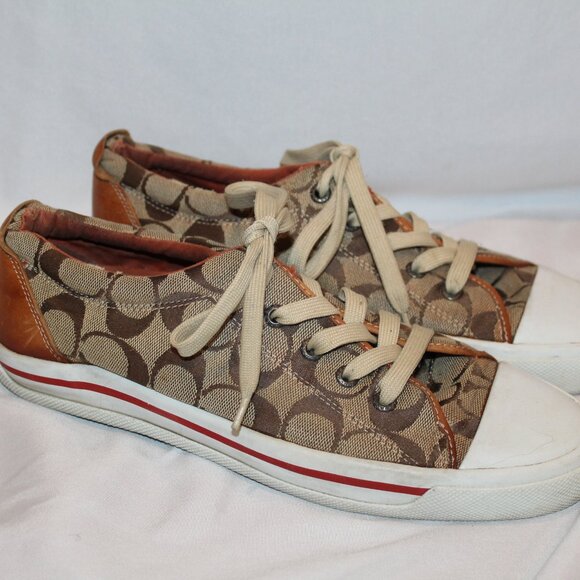 COACH WOMEN'S ZORRAH LOGO LEATHER CANVAS SNEAKERS BROWN‎ SZ 9.5 - Picture 1 of 7